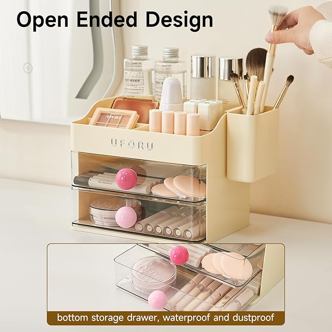 Makeup Organizer for Vanity with Brush Holder, Countertop Skincare Organizer with 2 Drawers, Spacious Cosmetic Display Case for Perfumes, Eyeshadow Palettes, Nail Polishes