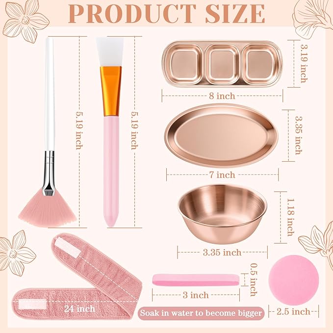 LemonRoad 25 Pcs Esthetician Facial Supplies Set, 3 Stainless Steel Mixing Bowls, 2 Serving Trays, 6 Brushes, 2 Hairbands, 12 Compressed Sponges for Women Facial Mask Spa Home Use(Rose Gold)