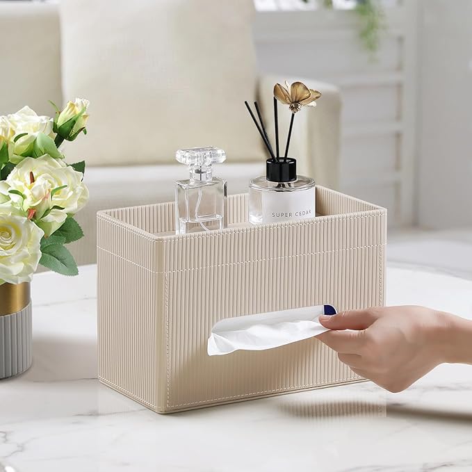 Tissue Box Cover Rectangle with Storage Tray, PU Leather Tissue Holder for Bathroom Vanity Countertop Night Stands Bedroom Office Desk, Stylish Rectangular Tissue Box Holder (Beige)