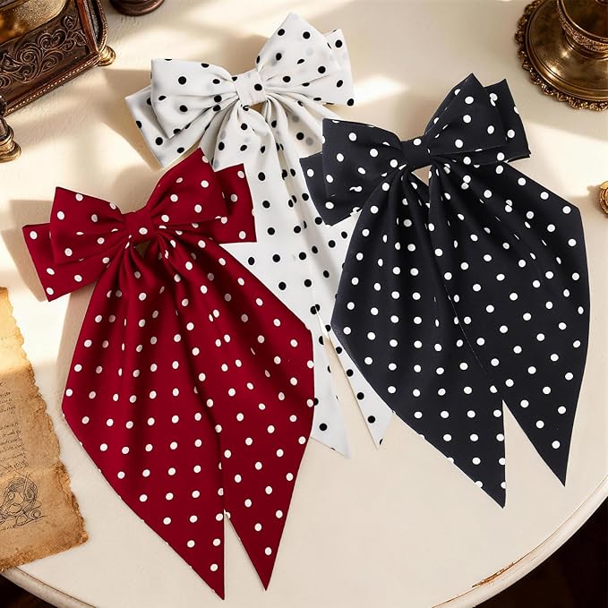 3 PCS Hair Bows for Women, Big Bow Hair Clips for Girls, Silky Satin Hair Bows Clips Oversized Long Tail, Large Hair Barrettes Cute Aesthetic Hair Accessories, Metal Bow Hair Clips Polka Dot