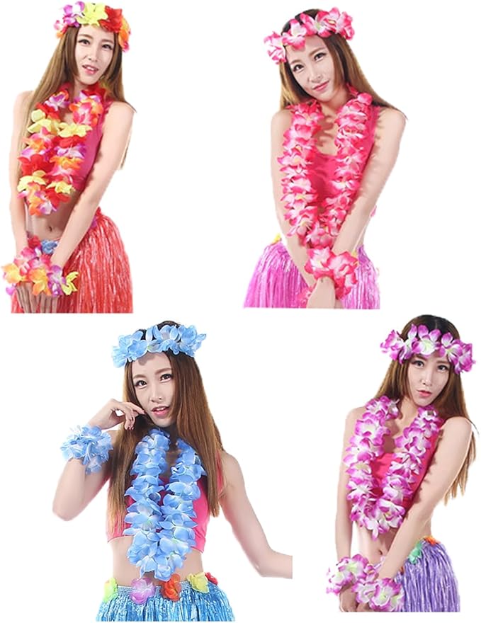 Hawaiian Leis Set,Hawaiian Luau Flower Leis Necklace Headband Bracelets Set,Essential Party Decorations for Birthday, Graduation, and Wedding Celebrations (Blue)