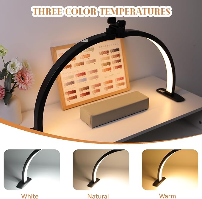 Foldable Large Half Moon LED Light for Table Nail Desk with Phone Stand, Upgrade Arch Light for Nail Techs with Wire Controller for Manicure Tattoo Beauty (Black, Large)