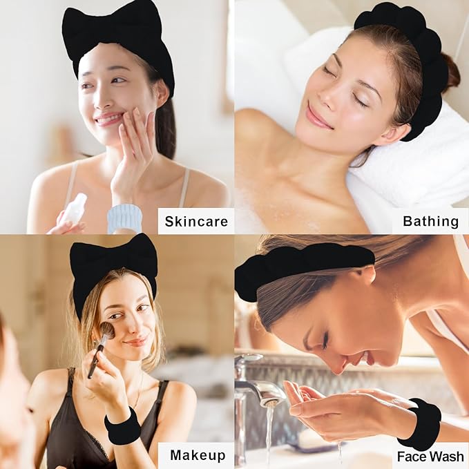 Canitor Sponge Spa Headbands Wristband Set with Hair Clips Skincare for Washing Face Non Slip Puffy Terry Cloth Makeup Headband Face Wash Wrist Bands Cute Trendy Stuff (black)