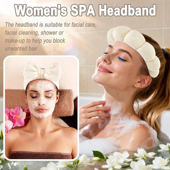 Zkptops 5Pcs Spa Headband for Washing Face Wristband Set Sponge Makeup Skincare Terry Cloth Bubble Soft Hairband Claw Clips for Thick Hair Puffy Padded Headwear Non Slip Hairs Accessory (Beige)