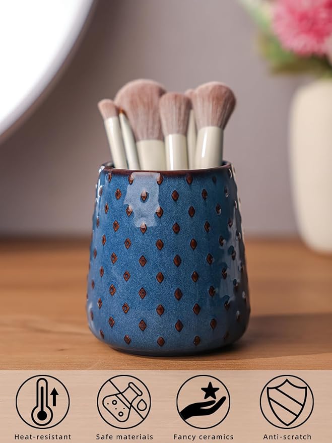 QUXIJA Ceramic Makeup Brush Holders, Farmhouse Bathroom Vanity and Countertop, Brushes Cup for Bathroom Cosmetics, Lipsticks, Vanity Desktop Storage (Vintage Blue)