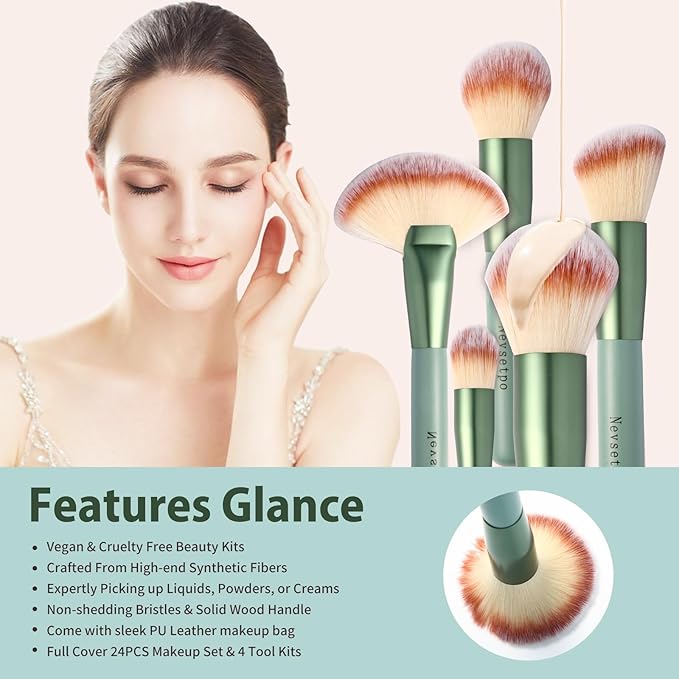 Make Up Brush Sets for Women, NEVSETPO 28PCS Synthetic Makeup Kits Include 24 Makeup Brushes,2 Beauty Blenders, 1 Dual End Masks Spatula, 1 Brush Set Cleaning Mat, Travel-Friendly Makeup Case, Green