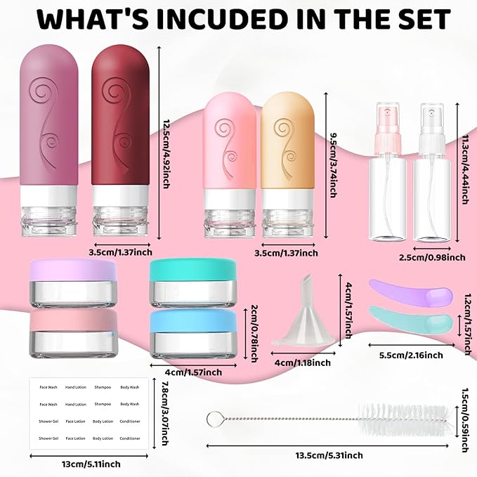 vodvob 16 Pack Travel Bottles Set for Toiletries, TSA Approved Travel Containers Leak Proof Silicone Squeezable Travel Accessories 2oz 3oz for Shampoo Conditioner Lotion Body Wash (BPA Free) (pink)