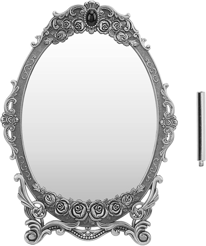 Cyrank Vintage Makeup Mirror, Oval Floral Mirror Decorative Tabletop Makeup Metal Vintage Cosmetic for Home Decorative(Antique Pewter)