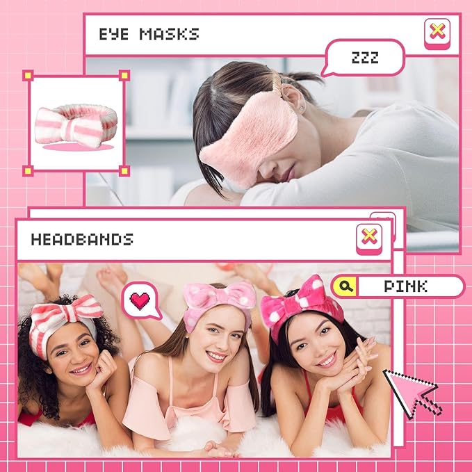 Newcotte Sleepover Party Supplies for Girls, 24 Pcs Includes Plush Sleep Eye Mask and Bow Hair Band, Fur Face Wash Headband Faux Fur Mask for Women (Cute Style)