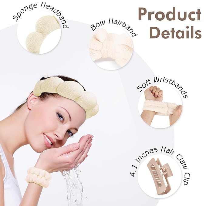 Zkptops 5Pcs Spa Headband for Washing Face Wristband Set Sponge Makeup Skincare Terry Cloth Bubble Soft Hairband Claw Clips for Thick Hair Puffy Padded Headwear Non Slip Hairs Accessory (Beige)