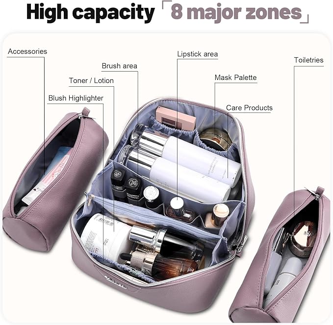 BOYATU Travel Makeup Bag Cosmetic Bags for Women: Large Capacity 3 Pcs Set Make up Bag with Compartments - Waterproof Vegan Leather Toiletry Organizer Bags with Handle (N-69Purple)
