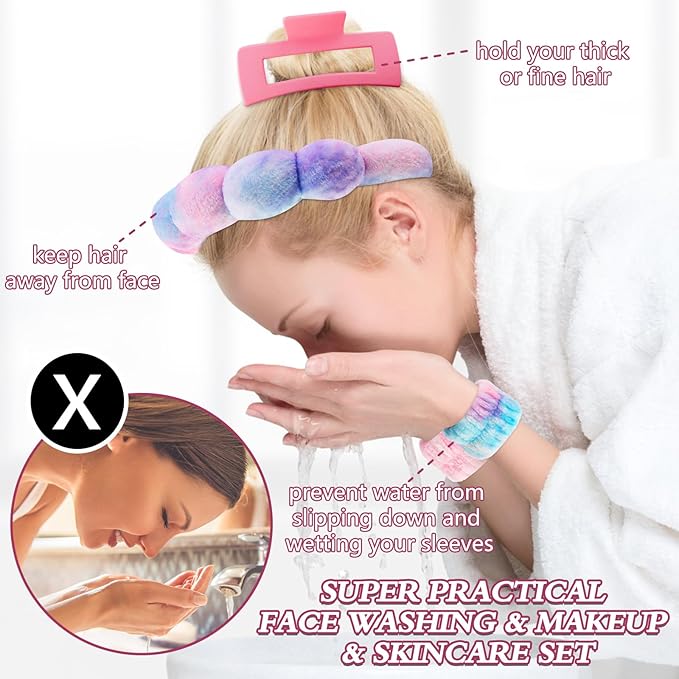 Canitor Spa Headband Wrist Bands with Hair Clips Skincare Makeup Self Skin Care Washing Face Vanity Accessories Things Teens Teenager Tween Clean Girl Gifts Cute Tie Dye Trendy Stuff