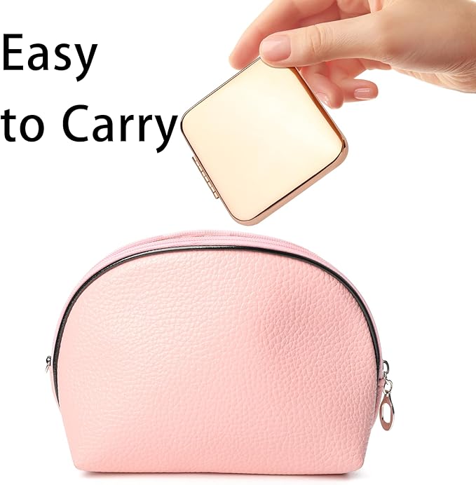 QUSTGO Compact Mirror, Pocket Travel Makeup Mirror for Purse, Metal Square Shell, 2-Sided 1X/2X Magnifying, Portable, Folding, Handheld, Rose,2 Pack
