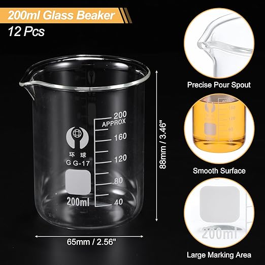 PATIKIL 200ml Low Form Glass Beaker, 12 Pack 3.3 Borosilicate Glass Graduated Printed Scale Measuring Cups with Spout for Kitchen Lab Liquids