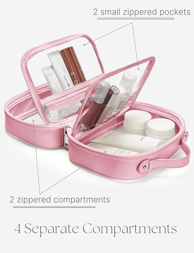 Oaque Clear Cosmetic Bag Double Layer Travel Toiletry Bag Clear Makeup Bag Case with 4 Compartments, Transparent Travel Bag for Toiletries, Large Toiletry Bag for Women Cosmetic Case (Pink, Large)