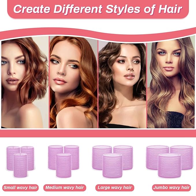 Rollers Hair Curlers Set of 48 with 24 Curlers (6 Jumbo, 6 Large, 6 Medium, 6 Small) and 24 Clips for Long, Medium, Short Hair (Purple)