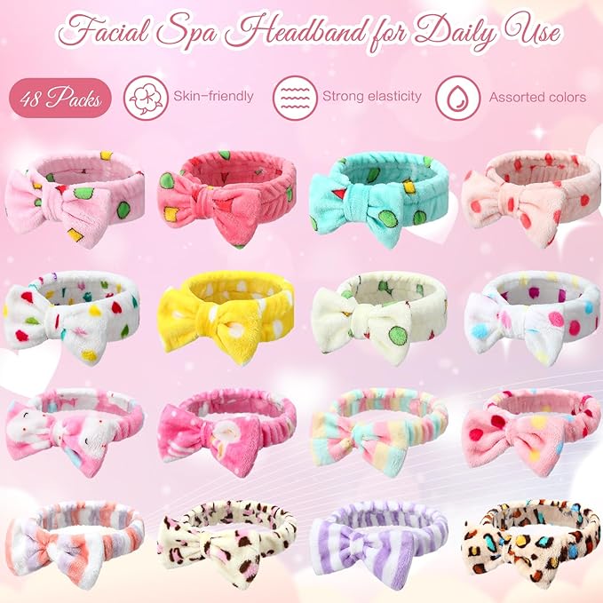 Giegxin 48 Pieces Spa Headband Bulk Bow Hair Band Facial Makeup Headbands Fluffy Plush Headband for Women Girls Washing Face Spa Sleepover Party Supplies(Novel Pattern)