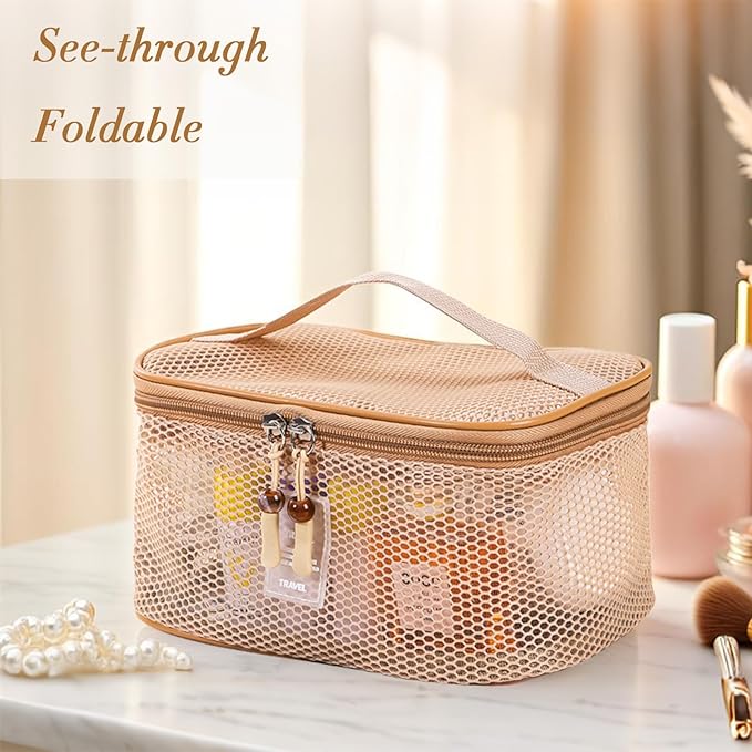 Boho Mesh Makeup Bag, Breathable Cosmetic Bags with Zipper, Travel Lightweight Make Up Organizer Mesh, Toiletry Bag with Handle for Women Girls Gift