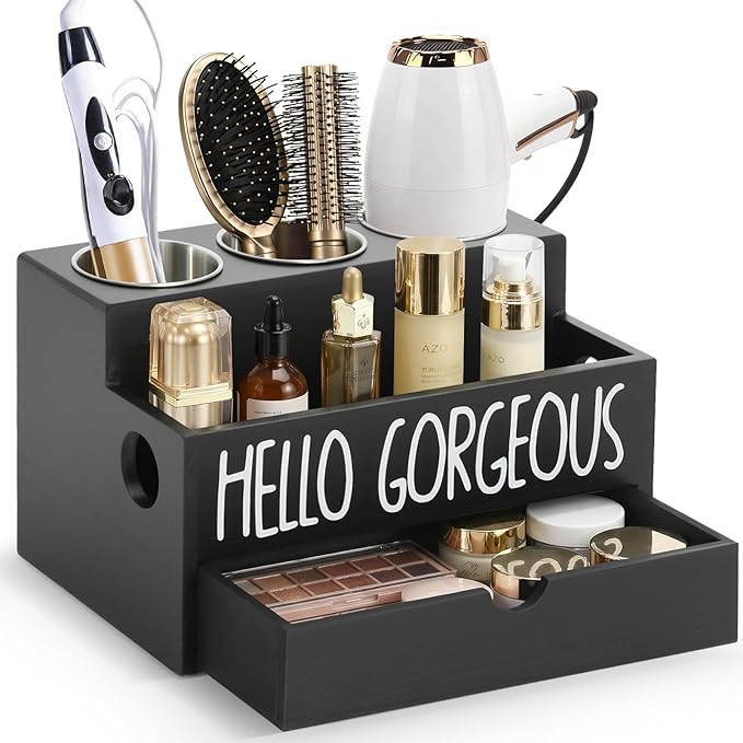 Hair Tool Organizer Drawer, Heat-Resistant Hot Tools Organizer with Removable Stainless Steel Cups for Hair Dryer , Curling Iron , Straightener, Bathroom Hair Accessories Storage (Black)