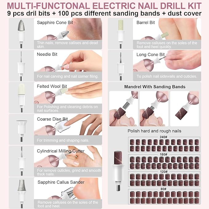 2 Pack Electric 9-in-1 Cordless Nail Drill with 100 Bits, 5 Speeds, Home & Salon Must-Have