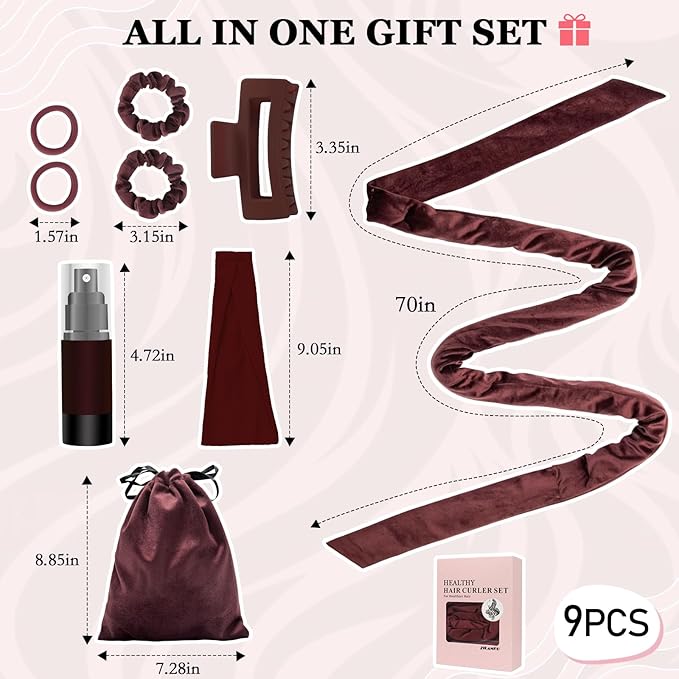 ZILAMPU Hair Curler Headband, No Heat Overnight Hair Curler, 70" Long Velour Lazy Hair Curls Roller Wrap for Women Girls Long Hair - Reddish Brown