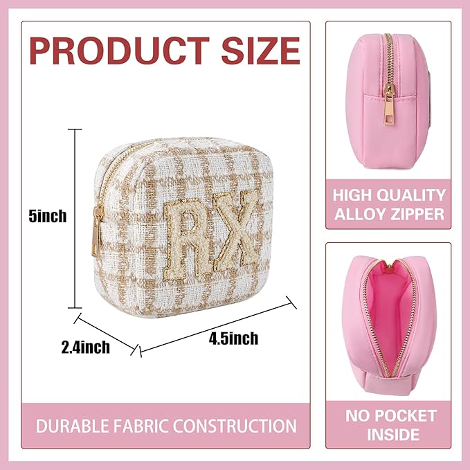 uekeboag Personalized Small Checkered Medicine Cosmetic Bag, Cute Plaid Pattern Chenille Letter Patch RX Drug Pouch with Zipper, Makeup Travel Gift Bag for Women and Girls (07Checkered)