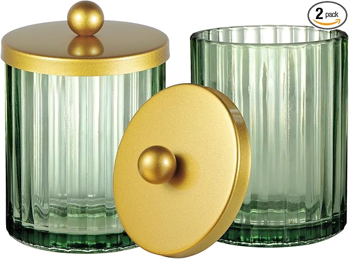 Amolliar Sage Green Glass Qtip Holder Dispenser, Bathroom Canister Apothecary Jar for Cotton Swabs, Cotton Balls, Round Pads, Floss Picks, Countertop Storage Organizer Container for Vanity,Gold 2 Pack