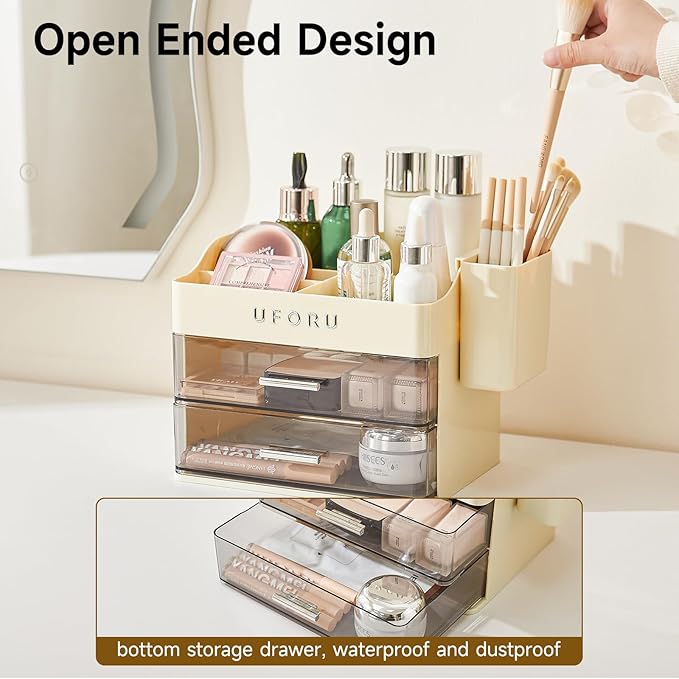 Makeup Organizer for Vanity with Brush Holder, Countertop Skincare Organizer with 2 Drawers, Spacious Cosmetic Display Case for Perfumes, Eyeshadow Palettes, Nail Polishes