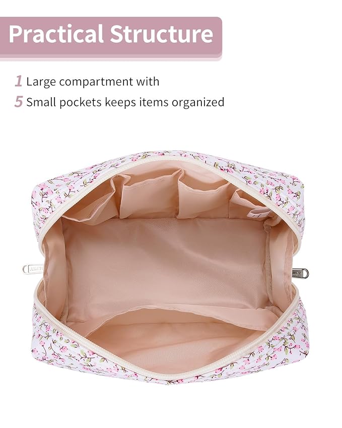 Narwey Cute Floral Makeup Bag Travel Cosmetic Bag Organizer Toiletry Bag Make Up Bags with Compartments for Women Girls (Green Leaves and Flower, Large)