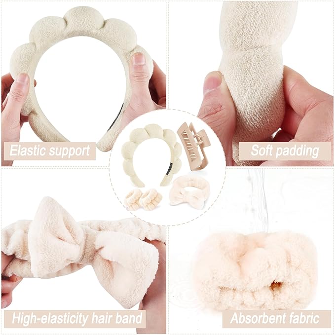Zkptops 5Pcs Spa Headband for Washing Face Wristband Set Sponge Makeup Skincare Terry Cloth Bubble Soft Hairband Claw Clips for Thick Hair Puffy Padded Headwear Non Slip Hairs Accessory (Beige)