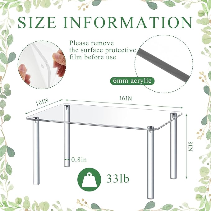 2 Pcs Extra Large 6mm Thick Acrylic Rectangular 4-leg Display Risers, Acrylic Plant Stand, Clear Shelf Riser Display Stands for Decor Collectibles Figures (16×10×8in)