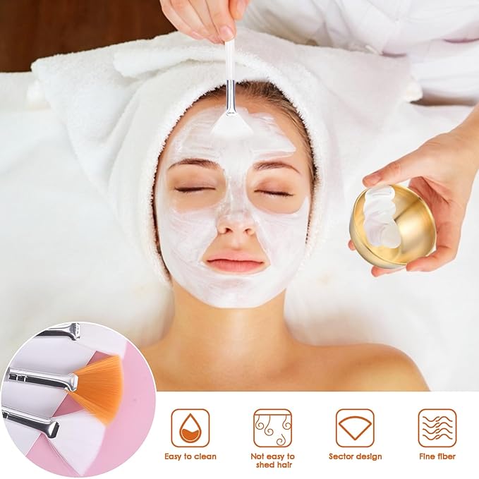 15 Pcs Esthetician Facial Supplies Set Stainless Steel Mixing Bowls Facial Headbands Cosmetic Fan Brushes Gold Small Serving Tray 3 Compartment Serving Tray for Mud Cream Makeup Peel Face Cleansing