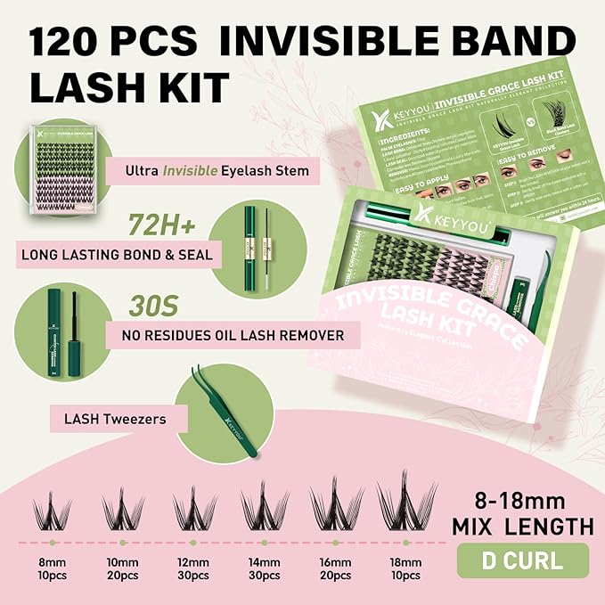 KEYYOU Fairy Chispa Lash Clusters Kit Lash Extension Kit D Curl 120Pcs Eyelash Extension Kit Wispy Natural Invisible Band Lash Kit with Waterproof DIY Lash Kit at Home(Fairy Chispa-D-8-18MIX)