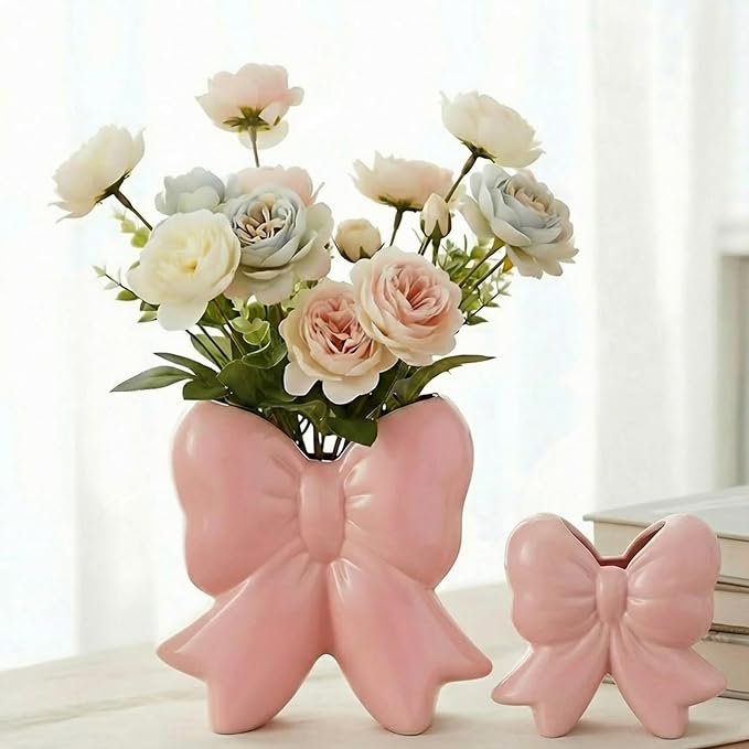 Bow Vase Coquette Ceramic Vase Pen Holder Makeup Brush Holder Contemporary Design Decorative Women Gift for Christmas Home Office Shelf Table Room(Light Pink,Large,Classic)