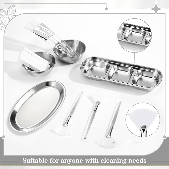 LemonRoad 25 Pcs Esthetician Facial Supplies Set, 3 Stainless Steel Mixing Bowls, 2 Serving Trays, 6 Brushes, 2 Hairbands, 12 Compressed Sponges for Women Facial Mask Spa Home Use (Silver)
