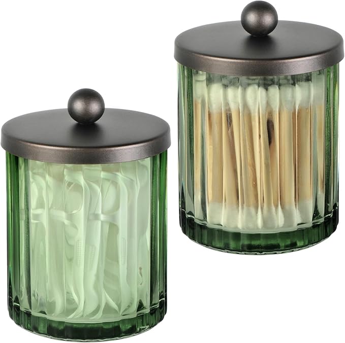 Amolliar Sage Green Glass Apothecary Jar With Metal Lid & Stickers, Bathroom Qtip Holder Dispenser for Cotton Swabs, Balls, Round Pads, Bath Salt, Floss, Countertop Canister Storage, Bronze 2 Pack