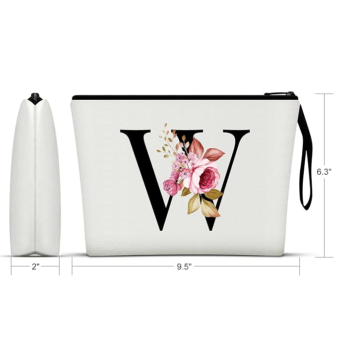 Vavabox A-Z Personalized Makeup Bag, Birthday Gifts for Women Mom, Gifts for Best Friend, Bride Bridesmaid Cosmetic bag (W, White)