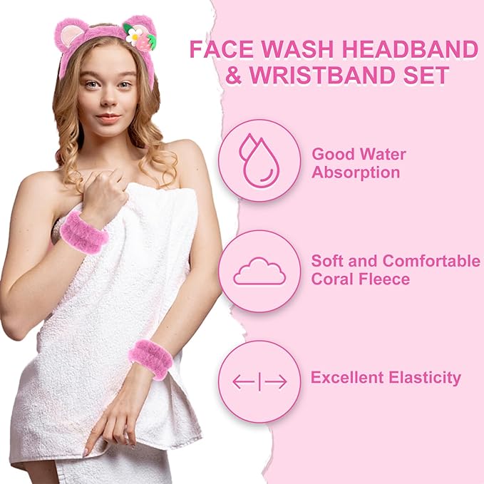 CAVETEE Hairband, 3 Piece Pink Bear Ears Makeup Headband for Women, Spa Cosmetic Elastic Headband and Wristband Set for Women Girl Wash Face Skincare Makeup Shower Spa