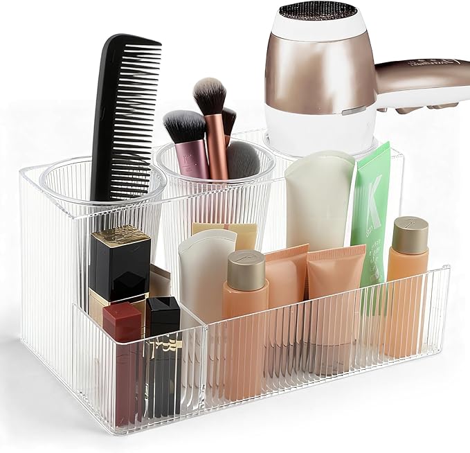Hair Tool Organizer, Acrylic Hair Styling Tool Holder with Detachable 3 Cups, Clear HairDryer Holder for Bathroom, Vanity, Countertop Storage Curling Iron Stand