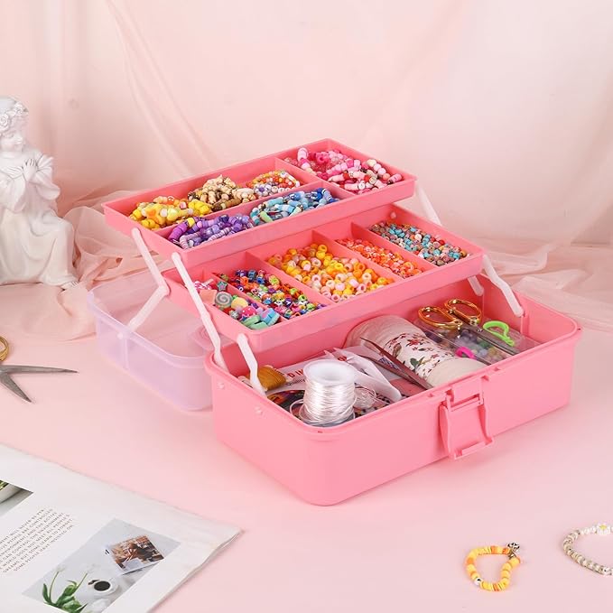 OUTUXED 12.5inch 3-Layer Multipurpose Craft Organizers, Portable Folding Toolbox, Plastic Tool Box with Handle for Sewing Supplies, Medicine, Art Supplies, Nails and Hair Accessories(Pink)