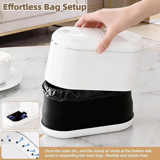 Mini Trash Can for Desk with 5 Rolls of Trash Bags, Small Press-Top Countertop Garbage Bin, Removable Waste Basket for Bedroom, Vanity, Coffee Table, Kitchen (White Half-Lid)