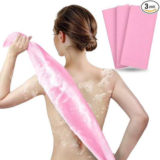ARCH&M Back Scrubber & Exfoliating Washcloth (3 Pack) - The Ultimate Solution for Back Acne & Rough Skin, 35-Inch Japanese Towel for Full Body Cleansing (Pink x 3)