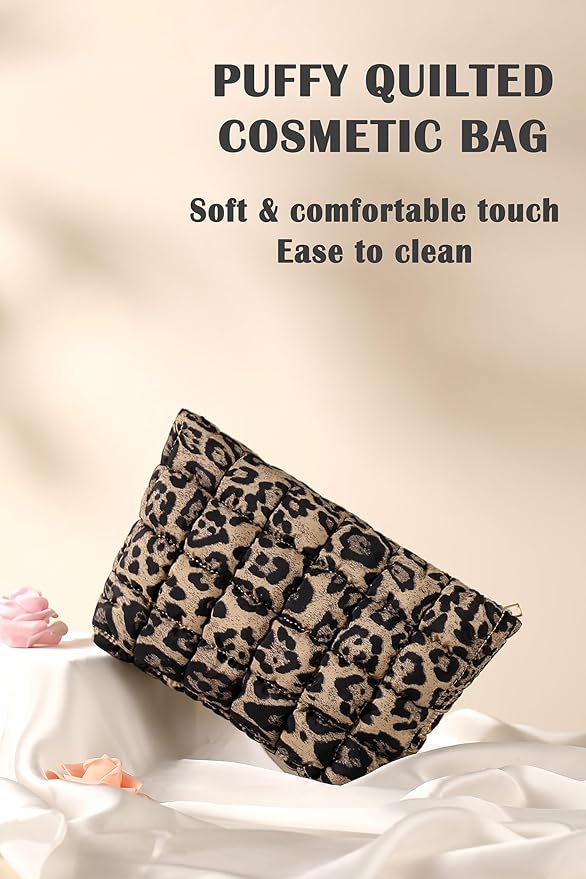 Puffy Quilted Makeup Bag for Women, Cosmetic Bag, Travel Toiletry Organizer Pouch Clutch (Brown Leopard)
