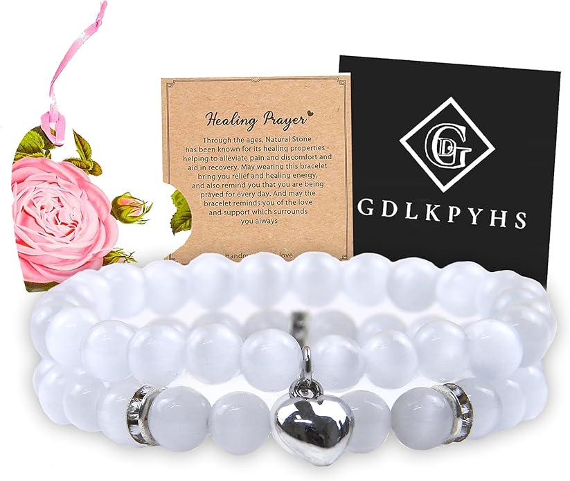 2Pcs Healing Crystal Bracelets for Women Handmade Beaded Bracelet Healing Prayers Crystal 8mm Natural Stone Beads Bracelet Stress Relief Get Well Soon Gifts
