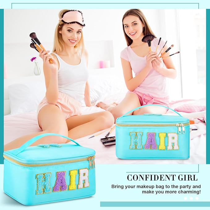 Geetery Clear Makeup Bag Chenille Letter Hair Bag Travel Cases Preppy Patch with Zipper, Portable Cosmetic Hair Accessories Organizer Toiletry Storage Case for Women