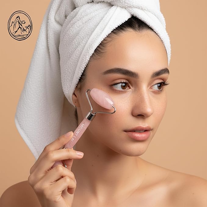Mount Lai De-Puffing Rose Quartz Facial Roller – The Stone of Love, Certified Rose Quartz Face Roller for Anti-Aging, Soothing & Radiant Skin, Facial Massager Tool for Self-Care Ritual