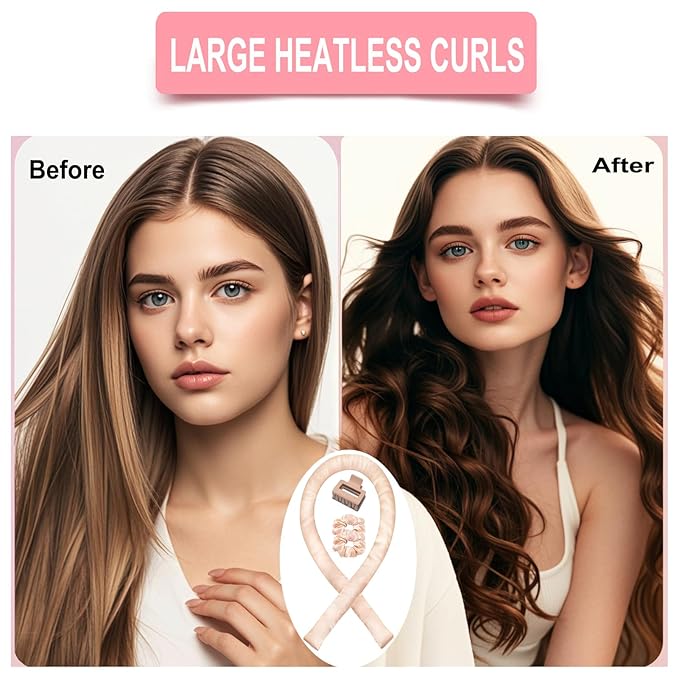 Satin Heatless Hair Curler Set, Heatless Curls Overnight, Hair Rollers for Soft Curls, No Heat Curlers to Sleep in, Curling Rod Headband with Hair Bonnet & Clip & Scrunchies (Travel Packing)