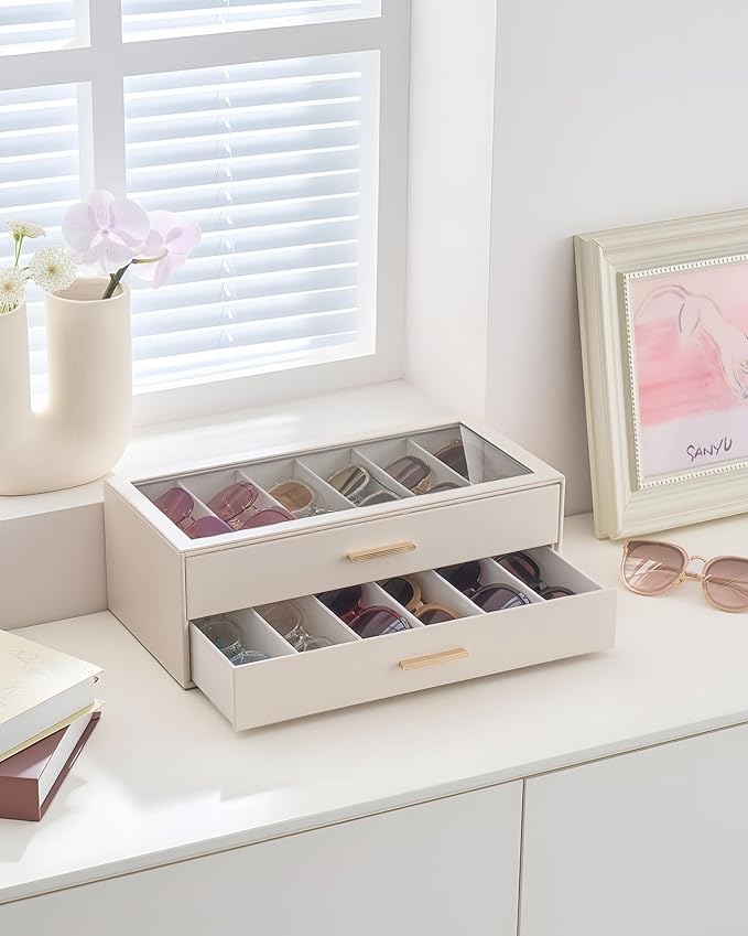 Lolalet Beige Sunglasses Storage Box for Women, Eyewear Eye Glass Organizer with Clear Top Lid Display Holder Case