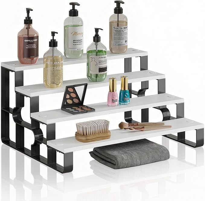 Wooden Bathroom Countertop Organizer,4 Tier Cologne and Perfume Organize for Men,Display Riser Stand for Bedroom Vanity,Bathroom Storage Shelf(White,4 Tiers-Width=11.2")