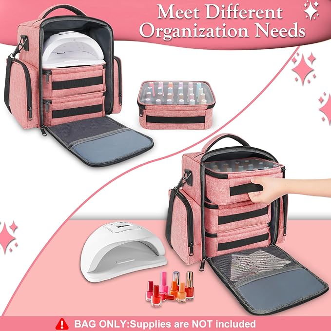 YOREPEK Nail Polish Organizer Holds 72 Bottles (15ml-0.5 fl.oz) Large Nail Polish Carrying Case with 3 Removable Pouches and 4 Zippered Pockets for Manicure Tools, Supplies, Nail Lamp, Gift for Women